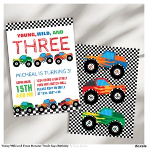 Young Wild and Three Monster Truck Boys Birthday Invitation