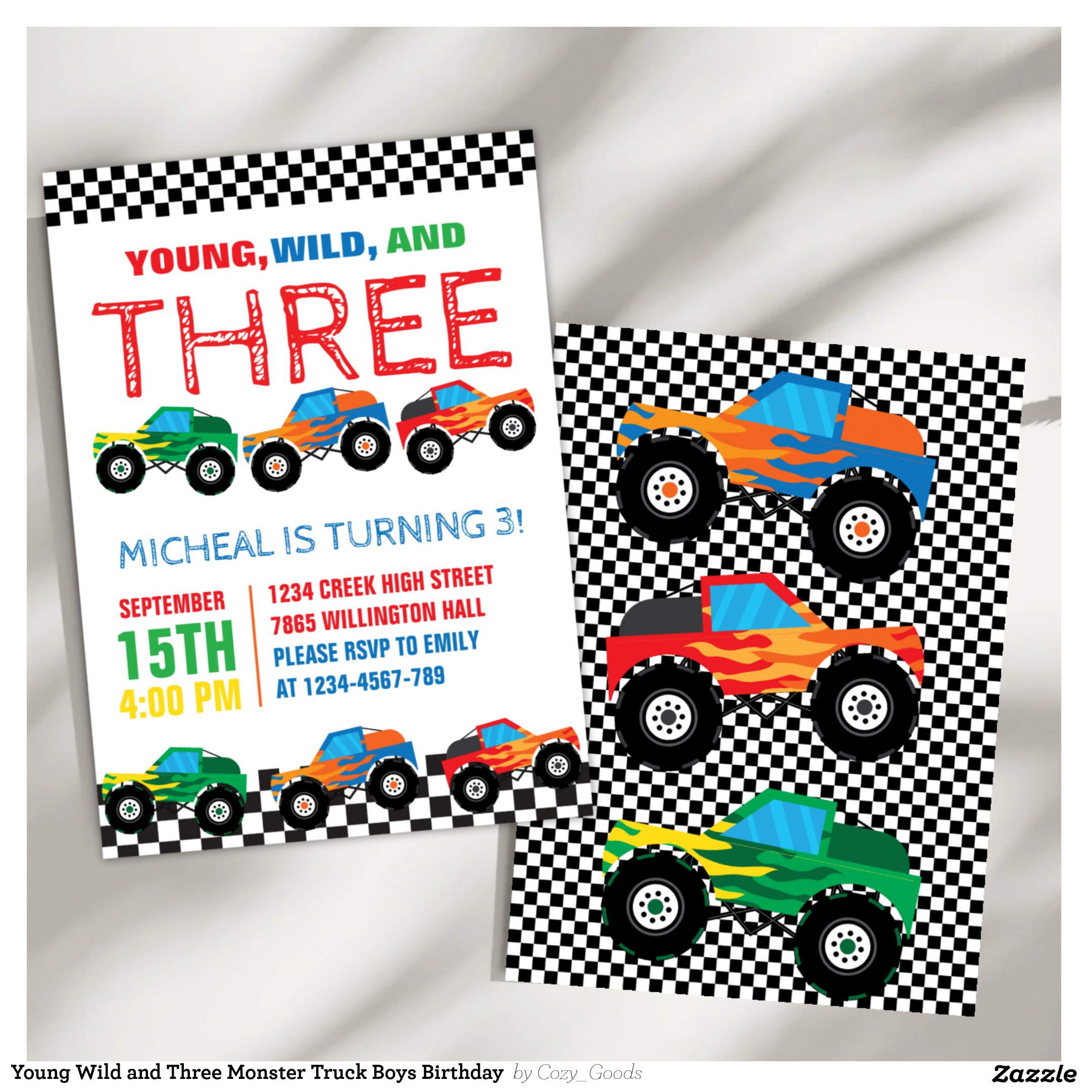 Young Wild and Three Monster Truck Boys Birthday Invitation