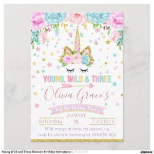 Young Wild and Three Unicorn Birthday Invitations