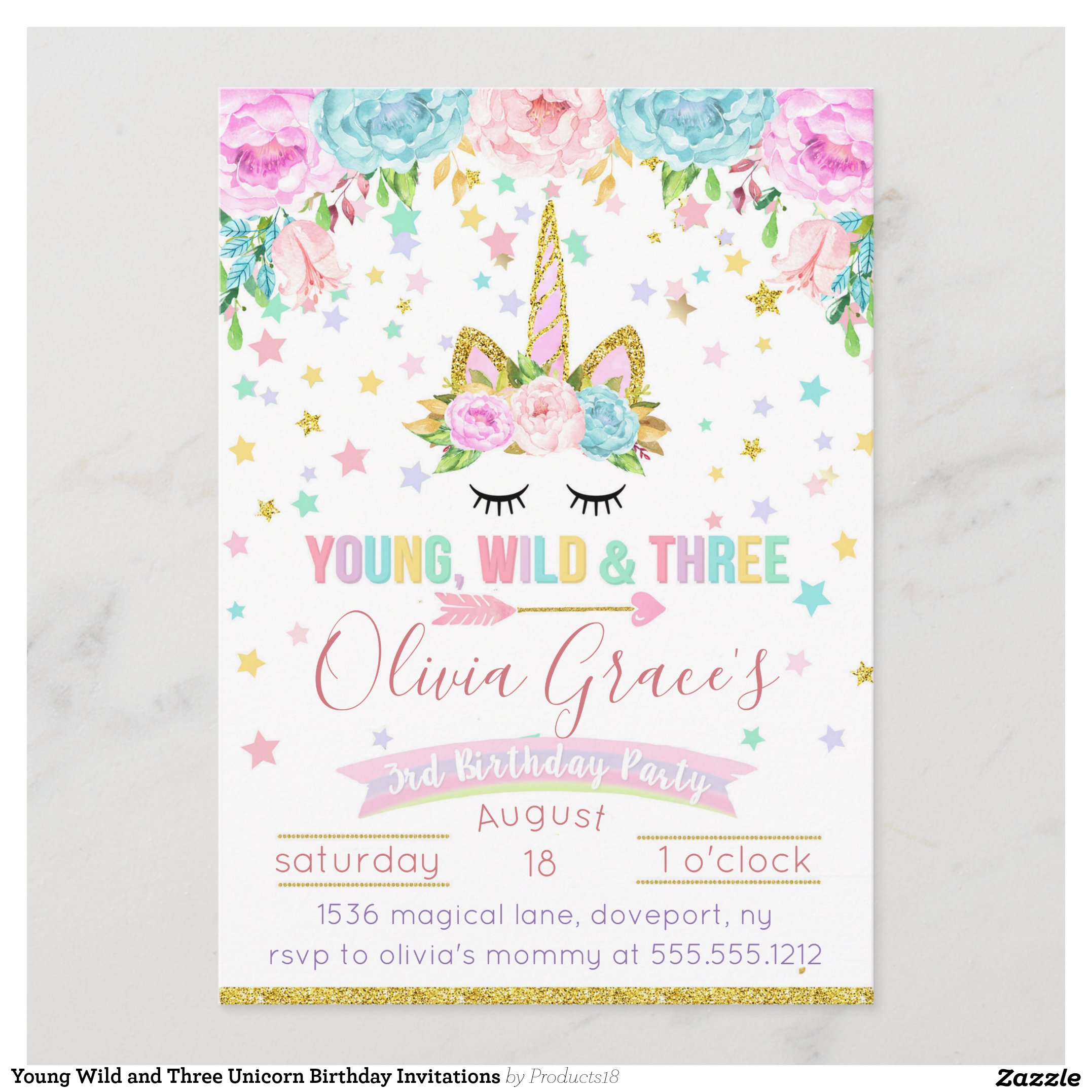 Young Wild and Three Unicorn Birthday Invitations