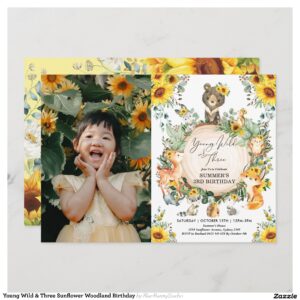 Young Wild & Three Sunflower Woodland Birthday Invitation