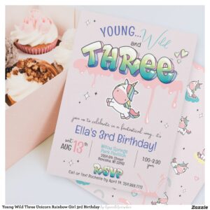 Young Wild Three Unicorn Rainbow Girl 3rd Birthday Invitation